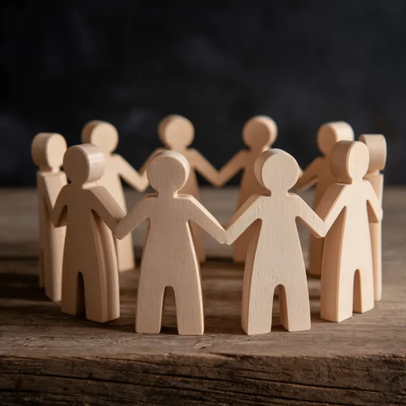 Wooden figurines of people standing in a circle